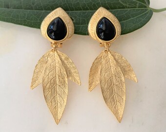 Gemelli CRAFT Satin Gold Tone Textured Leaf Drop Clip On Earrings with Black Teardrop Cabochon Stones - Cushion Backs - Made in USA