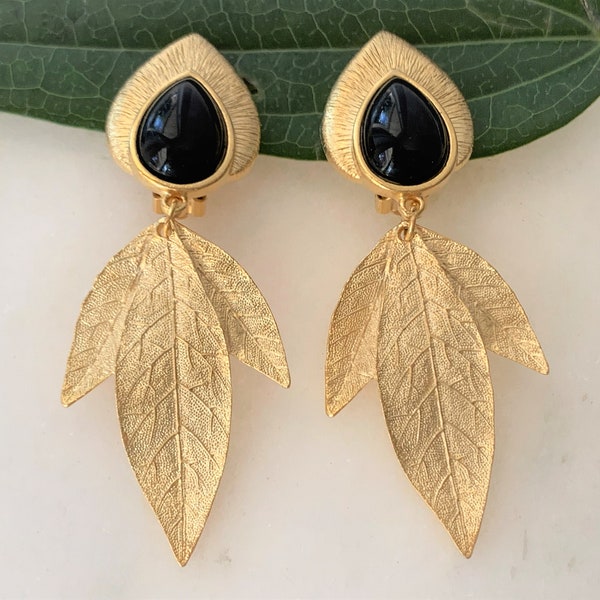 Gemelli CRAFT Satin Gold Tone Textured Leaf Drop Clip On Earrings with Black Teardrop Cabochon Stones - Cushion Backs - Made in USA