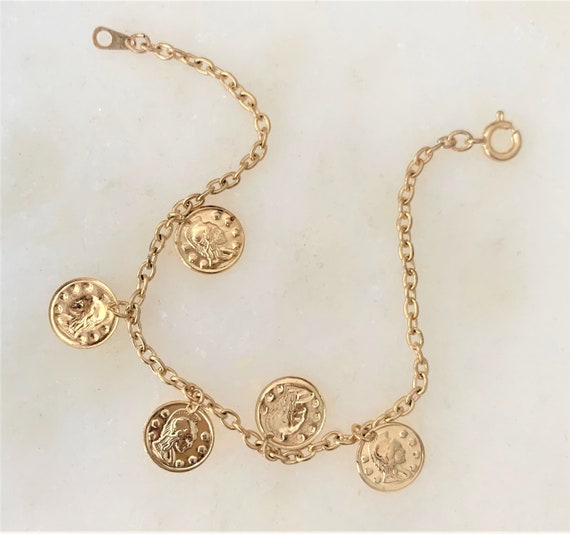 Dainty Gold Tone Coin Bracelet on Link Chain with… - image 9