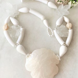 Domed and Carved Flower Mother of Pearl Look Lucite Necklace with Frosted Lucite & White Faux Pearls