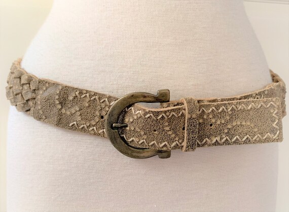 Embossed Crackle Leather Braided Belt with Large … - image 2