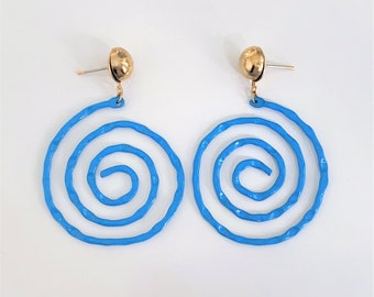 Blue Enameled Hammered Metal Spiral Drop Pierced Earrings with Gold Tone Dome Tops - Made in USA