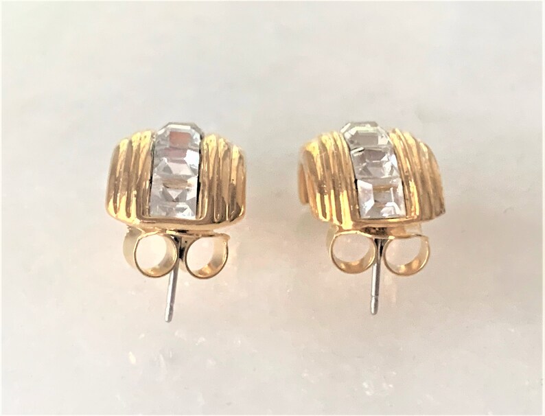 Made in USA Polished Gold Tone Curl /& Ribbed Pierced Earrings Hand Set with Faceted Square Crystal Center Stones
