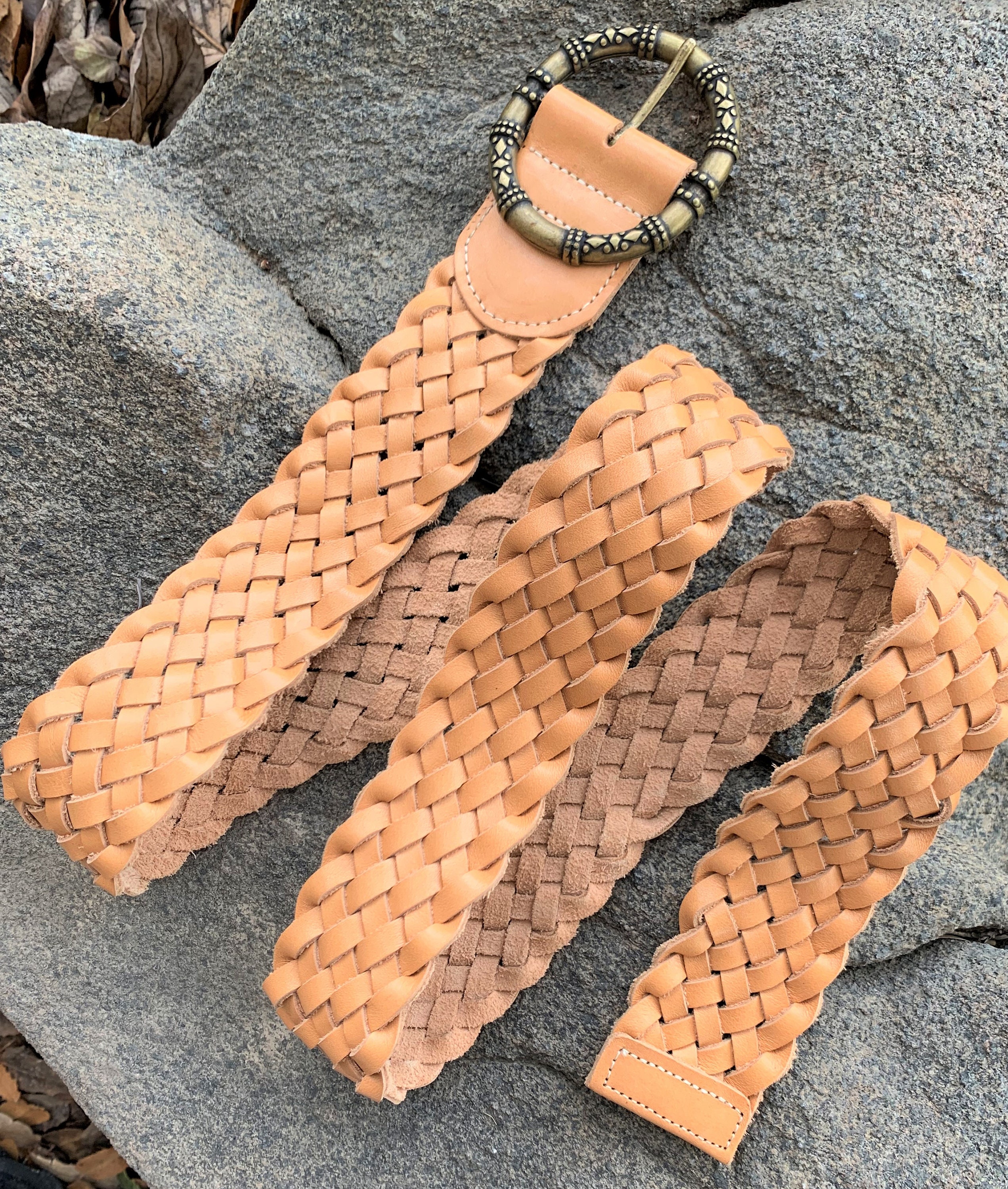 Italian Leather Hand Woven Belt With Antique Brass Etched 