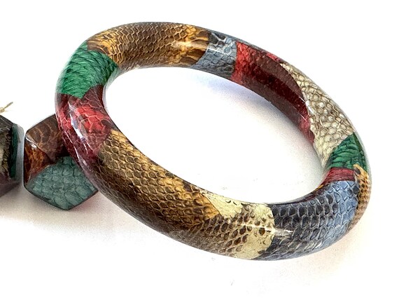 Snake Skin Patchwork Bangle Bracelet and Drop Pie… - image 4