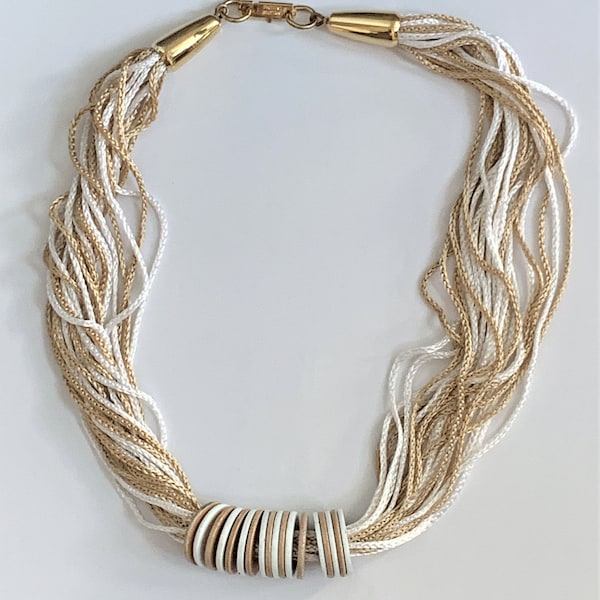 Rare Miriam Haskell 14" Enameled Metal Discs & Silk Cord Tan/White Necklace with Gold Tone Signed PAT 3427691 Box Clasp