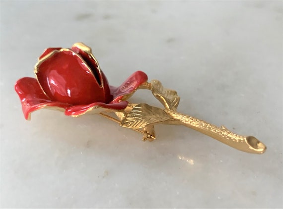 Hand Painted Red Enamel Single Rose with Gold Ton… - image 7