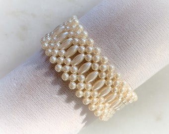 Woven Imitation Pearl Stretch Bracelet - 1" Wide - Natural Pearl Color