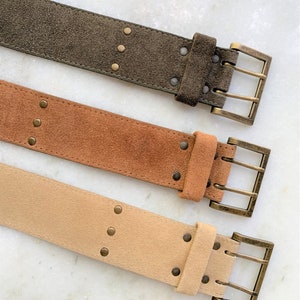 Lamb Suede Belt with Antique Brass Double Prong Buckle & Antique Brass Studded Strap - Made in USA