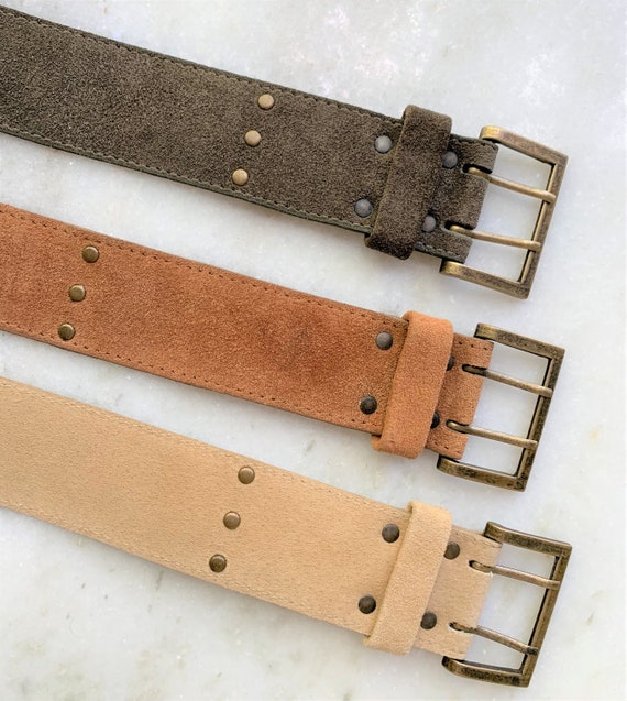 Lamb Suede Belt: Antique Brass Buckle & Studded Strap - Made in USA