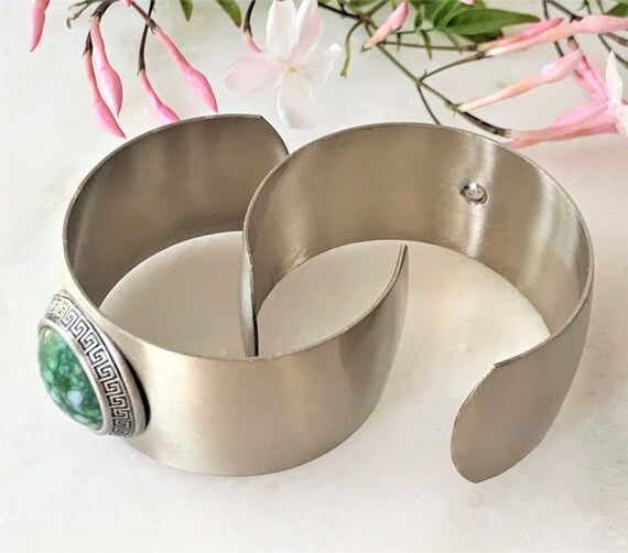 Brushed Silver Tone Cuff Bracelet Hand Set with M… - image 10