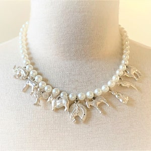 Animal Charms Necklace on Off White Imitation Pearls in Antique Silver Tone & Spring Ring Clasp