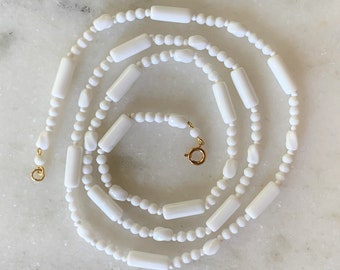 White Milk Glass Hand Strung 30” Necklace with Oblong and Round Glass Beads & Gold Tone Spring Ring Clasp - 2 Styles