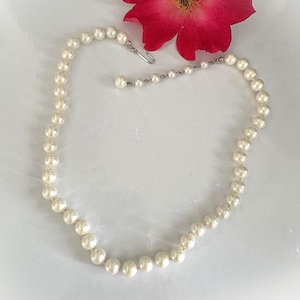 Adjustable 8mm Hand Knotted Glass Pearl Necklace with Silver Hook Clasp- Fits 16&quot;-18&quot;