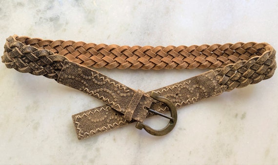 Embossed Crackle Leather Braided Belt with Large … - image 10