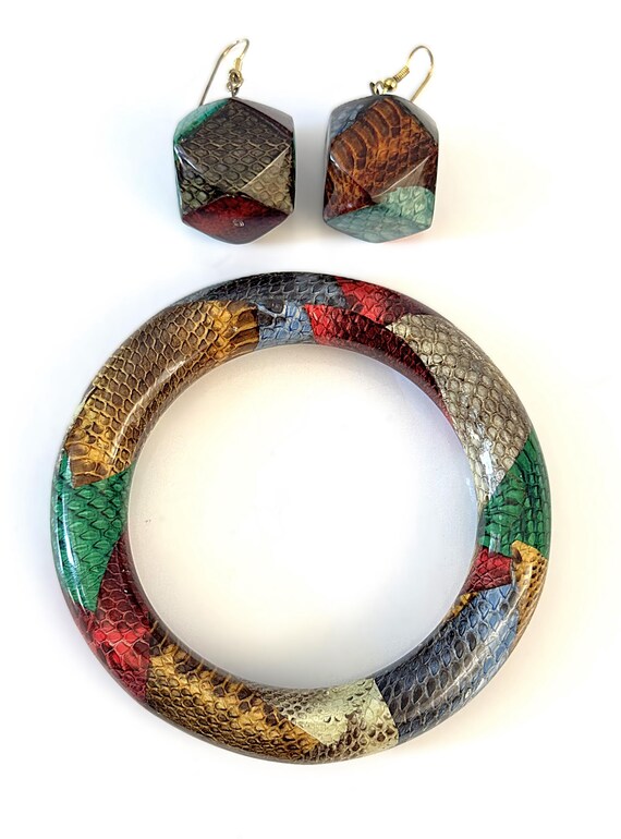 Snake Skin Patchwork Bangle Bracelet and Drop Pie… - image 1