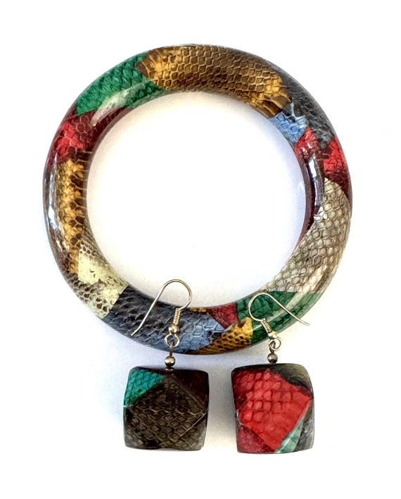 Snake Skin Patchwork Bangle Bracelet and Drop Pie… - image 2