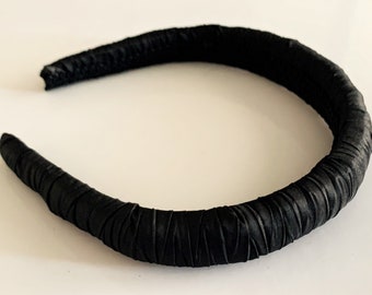 Padded & Pleated Black Rayon Fabric Headband Passementerie Lined - 1" Wide Tapered