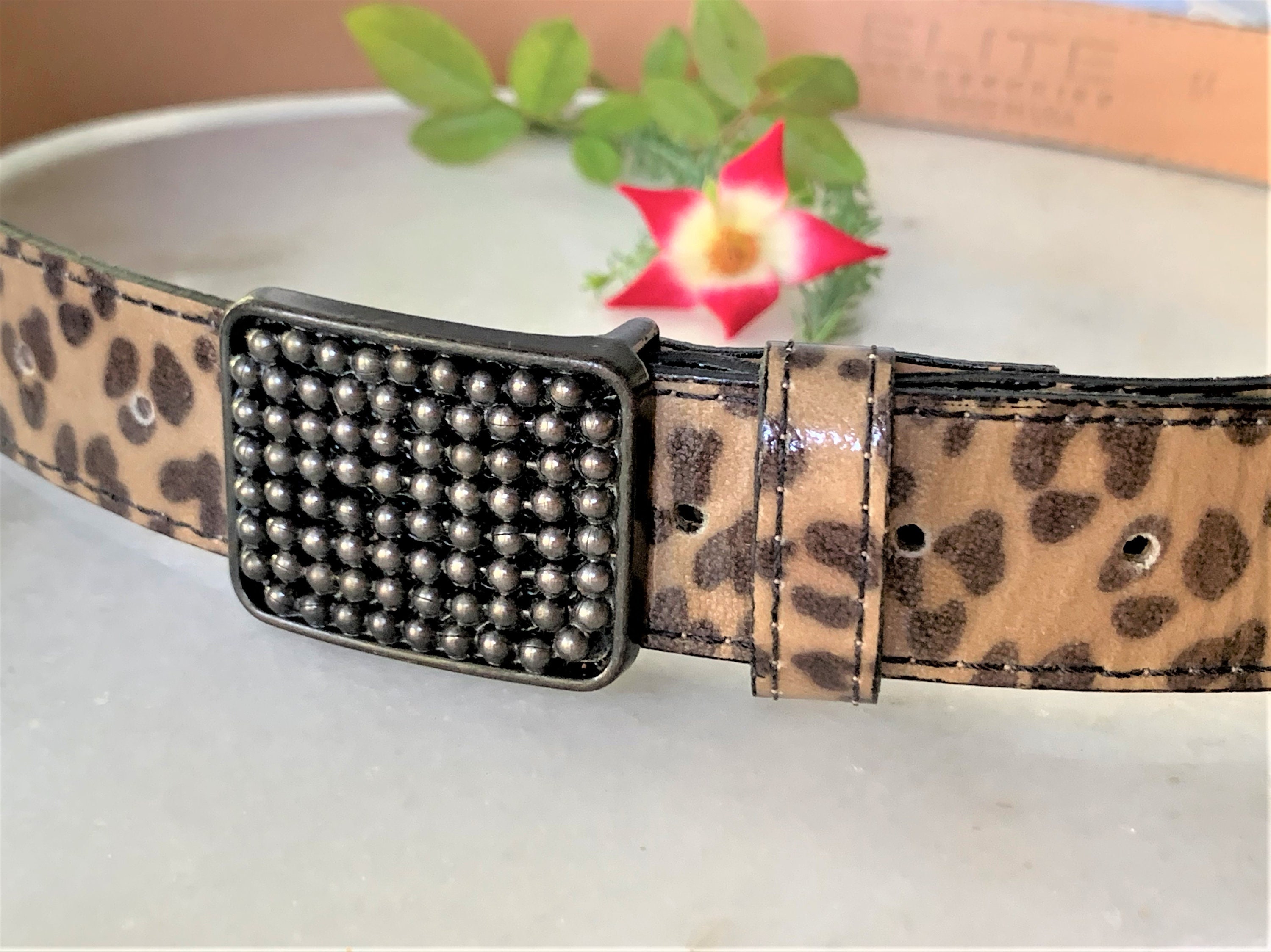 Platteppus Leopard Belt w/Hand Beaded Mother of Pearl & Bamboo Coral Buckle Leopard Print Patent Leather Belt – Beaded Buckle, Made in  main image 3