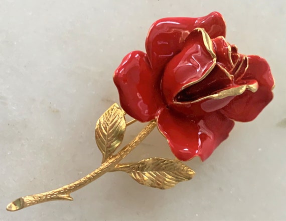Hand Painted Red Enamel Single Rose with Gold Ton… - image 1