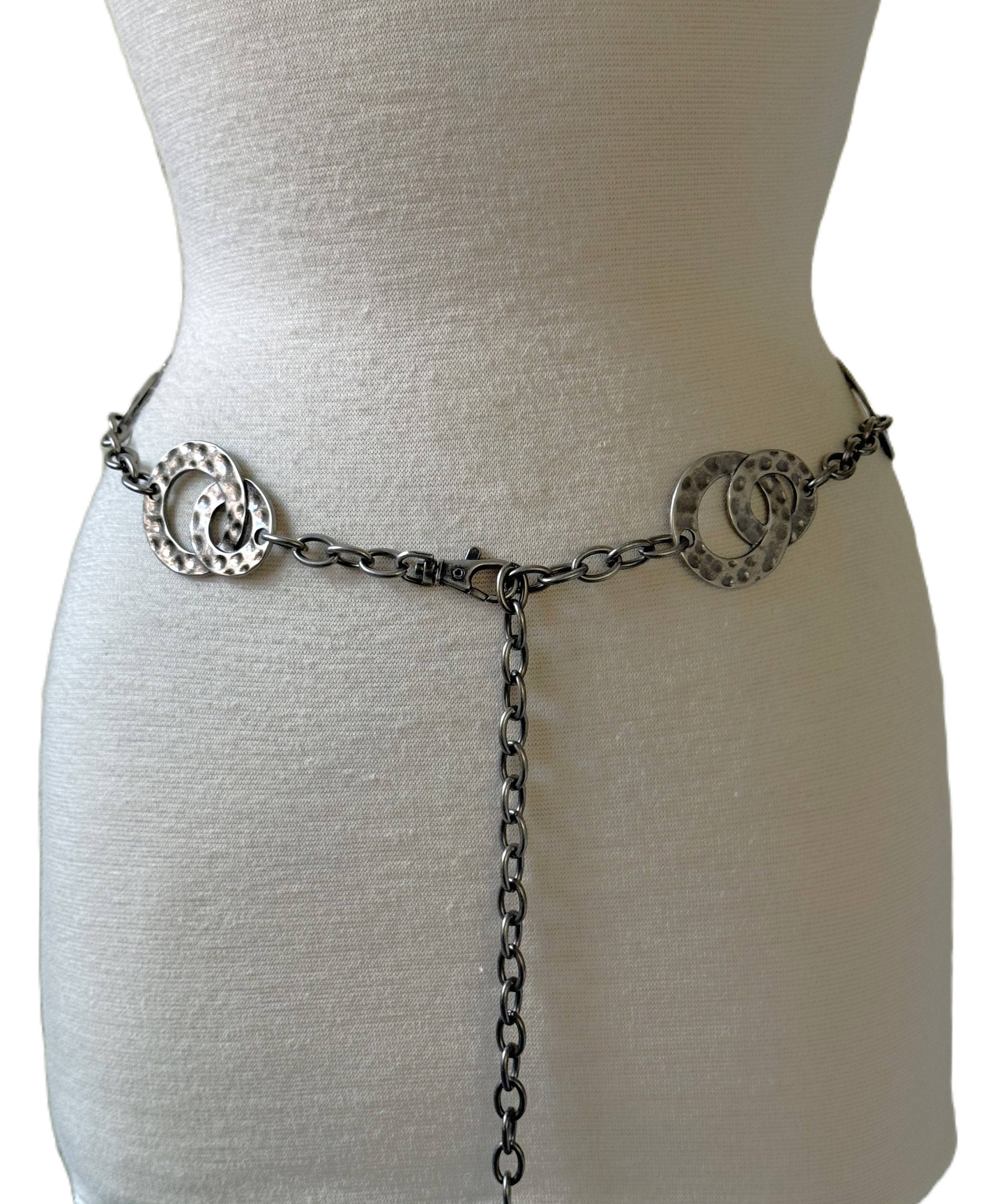 Hammered Interlock Circles Nickel Cable Link Chain Belt Adjustable Lobster Claw Handmade Argentium Silver Chain Necklace: Hammered Circle  main image 2