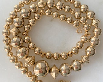 18", 30" Graduated Gold Ball Necklace with Ribbed Spacer Beads & Strung on Chain - Spring Ring Closure