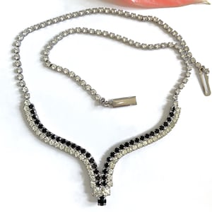 Diamond & Black Onyx Rhinestone Double Row V Choker on Silver Tone Rhinestone Chain - Made in USA
