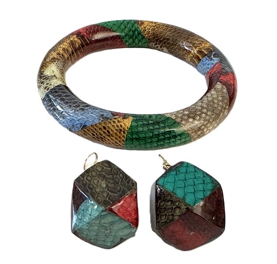 Snake Skin Patchwork Bangle Bracelet and Drop Pie… - image 9