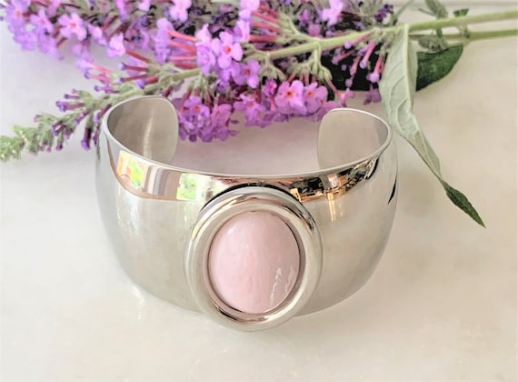 Silver Tone Cuff Bracelet with Framed Oval Pink M… - image 1