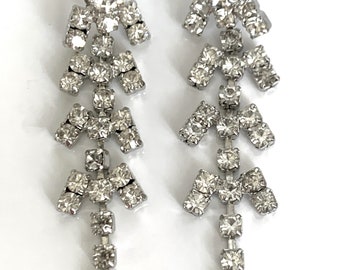 Elegant 2" Long Crystal Rhinestone Pierced Earrings Prong Set in Silver Tone - Made in USA