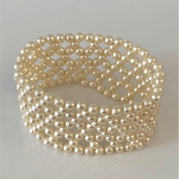 Intricate Woven Wide Cream Faux Pearl Stretch Bracelet - 2 Styles