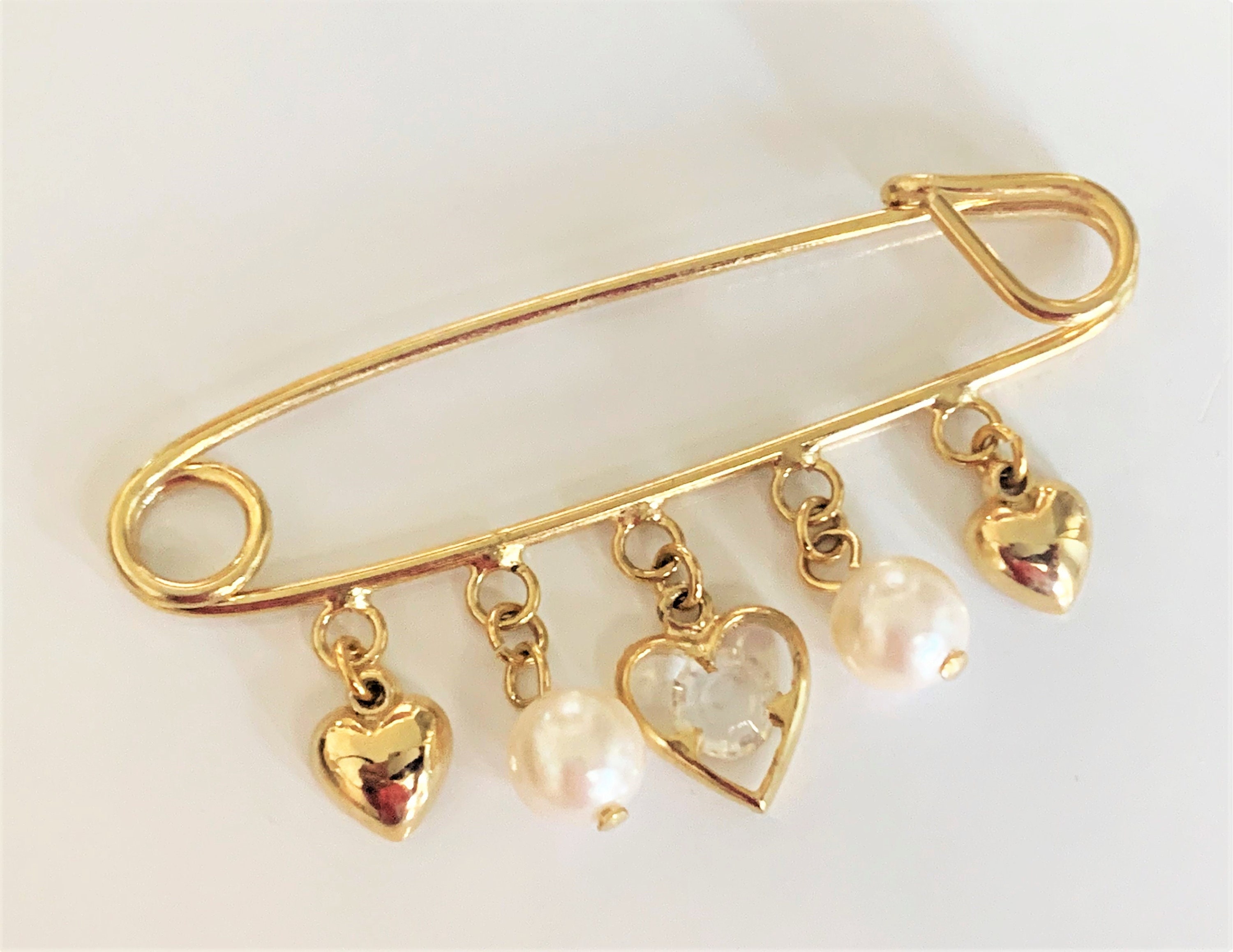 14K Yellow Gold Heart Safety Charm Holder Pin Brooch