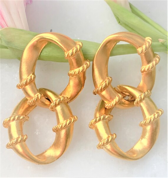 Oversized Angular Link Satin Gold Chain Drop Pier… - image 4