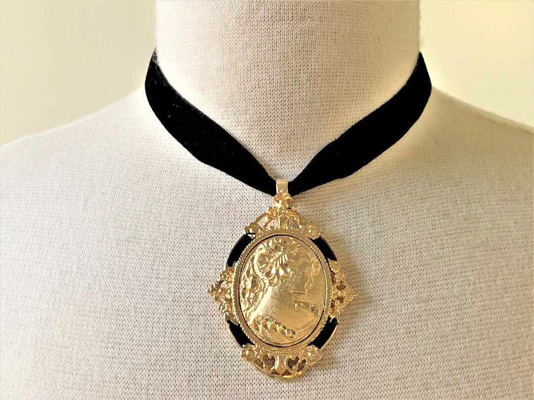 Ornate Gold Engraved Open Work Cameo Pendant on Black Velvet Choker
