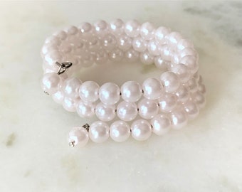 Vintage 3 Row Faux Pearl Beaded Bracelet on Spring Wire with Pearl Bead Charms - 2 Colors