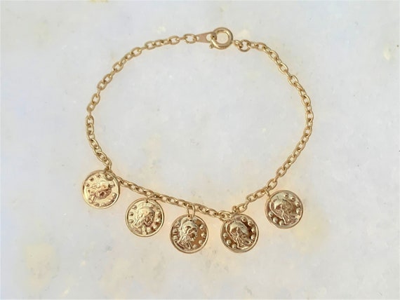 Dainty Gold Tone Coin Bracelet on Link Chain with… - image 10