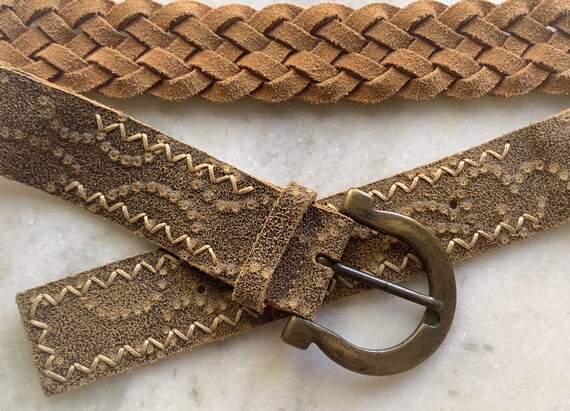 Embossed Crackle Leather Braided Belt with Large … - image 7