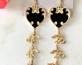 Antique Gold Black Enamel Hearts & Cupids Drop Pierced Earrings Hand Set with Faceted Crystal Stones - 2 Sizes - Made in USA