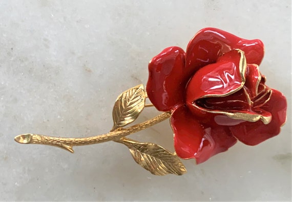 Hand Painted Red Enamel Single Rose with Gold Ton… - image 3