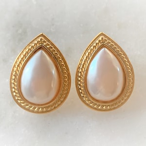 TAT Signed Teardrop Imitation Baroque Pearl Pierced Earrings Hand Set in Roped Brushed Gold Tone - Made in USA