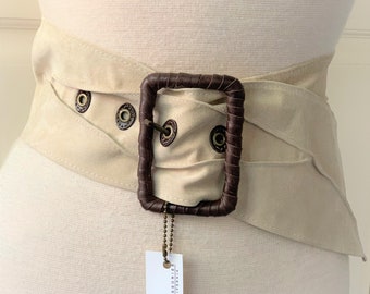 Puckered Soft Suede Wide Belt with Deep Brown Leather Wrapped Buckle & Brass Eyelets - Made in USA