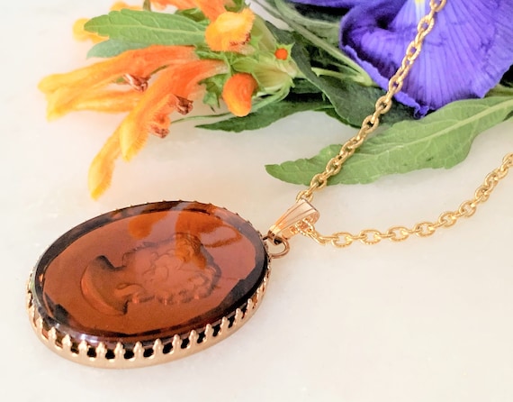 Amber Cut Glass Victorian Revival Intaglio Revers… - image 2