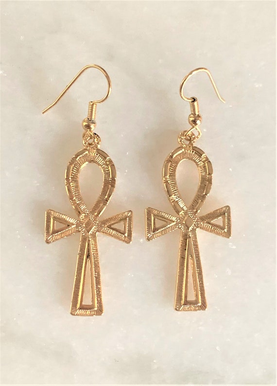 Ankh Cross Wire Drop Gold Tone Pierced Earrings - 