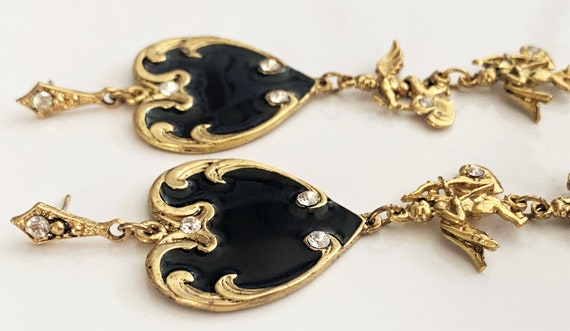 Antique Gold Black Enamel Hearts & Cupids Drop Pi… - image 3