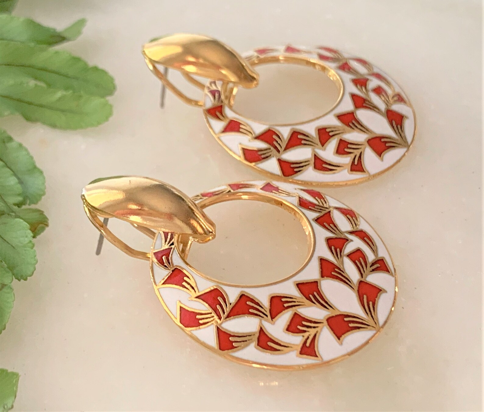 Genuine Cloisonne Red & White Door Knocker Earrings With Gold Etsy