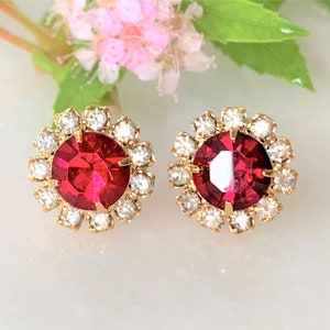 Faceted Ruby Stud Pierced Earrings Embraced with Faceted Crystal Stones Prong Set in Polished Gold Tone - Made in USA