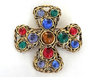 Vintage Antique Gold Roped Maltese Cross Brooch with Pendant Loop - Hand Set with Multi Cabochons - Made in USA - 2 Colors