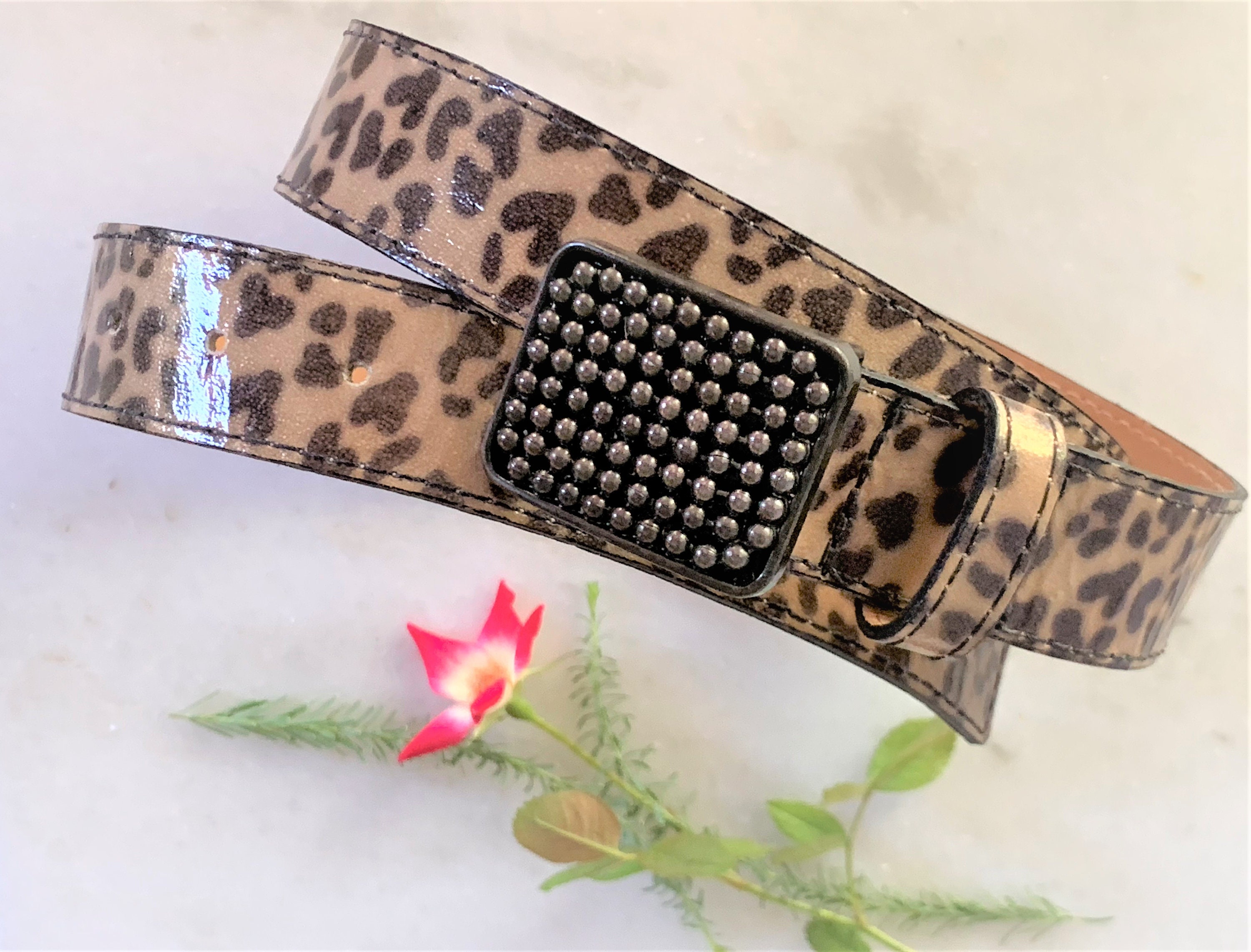 Leopard Print Patent Leather Belt – Beaded Buckle, Made in 