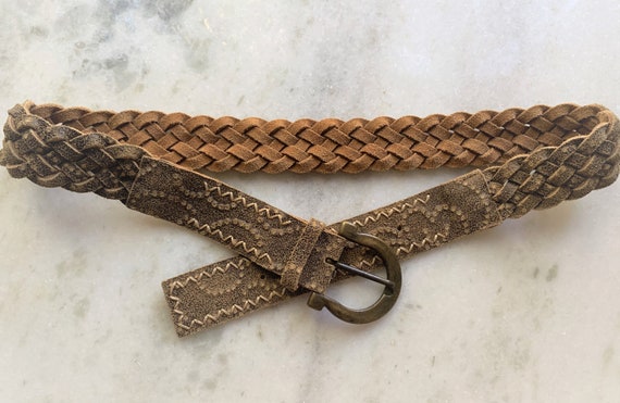 Embossed Crackle Leather Braided Belt with Large … - image 6