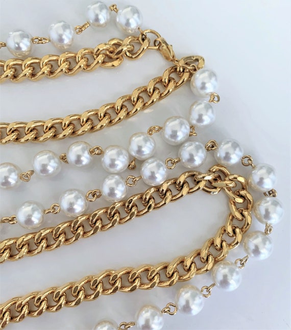 36" Heavy Gold Curb Chain & White Faux Pearl Chai… - image 5